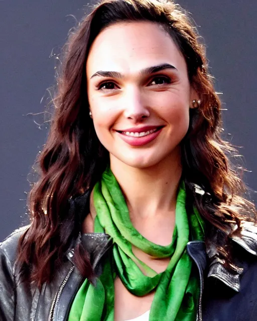 Image similar to headshot of gal gadot wearing a leather cap and aviator goggles, he is also wearing an yellow leather jacket, a long green silk scarf wrapped around her neck