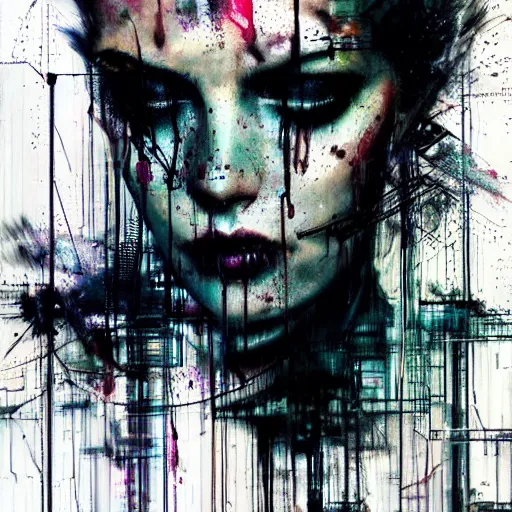 Image similar to a dark cyberpunk dream of wires broken skulls skin cybernetic machines and decay moody hyperrealism 8 k photo atmospheric by jeremy mann francis bacon and agnes cecile ink drips paint smears digita glitches glitchart