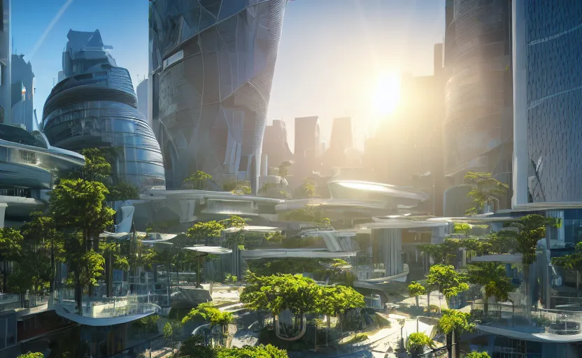 Prompt: futuristic modern city with plants growing. daylight. sunlight. lens flare. light fixtures. 8 k. detailed. photorealism. artstation. 2 5 mm f / 1. 7 asph lens. ultra realistic