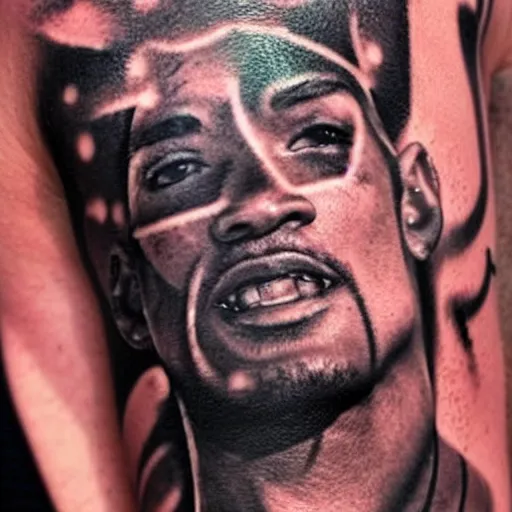 Image similar to flash photo of a tattoo on a man’s arm that looks like Will Smith as the terminator