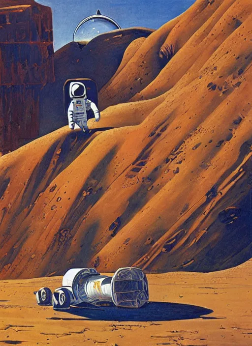 Image similar to an astronaut in the desert by robert mccall