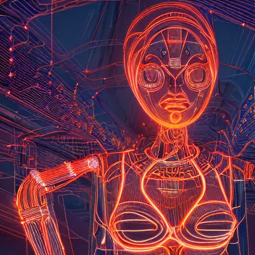 Image similar to a beautiful body of a bot pilot woman mostly made of wires and electronic circuits led luminous, an ultrafine detailed illustration by james jean, final fantasy, intricate linework, bright colors, behance contest winner, vanitas, angular, altermodern, unreal engine 5 highly rendered, global illumination, radiant light, detailed and intricate environment