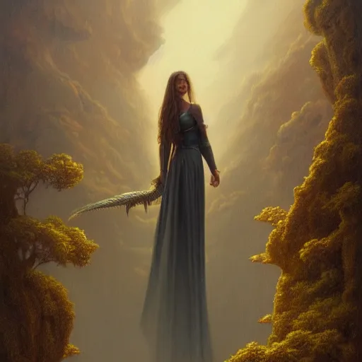 Prompt: a photorealistic painting of a woman and a dragon, a matte painting by christophe vacher, featured on deviantart, fantasy art, matte painting, storybook illustration, 2 d game art. extremely detailed. realism. symmetry. photorealism. coherent