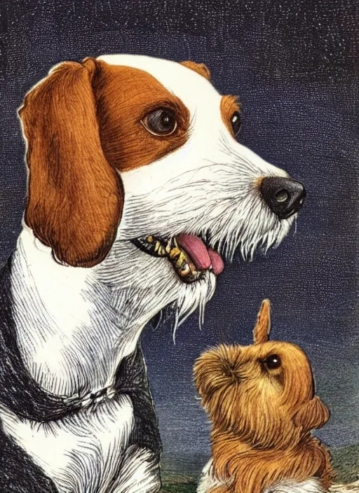 Image similar to candid portrait of jack russel dog sad mouth open, night sky, highly detailed, illustrated by peggy fortnum and beatrix potter and sir john tenniel