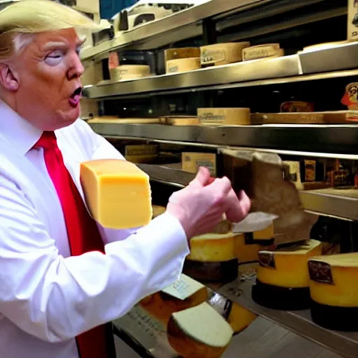 Prompt: Donald Trump stealing cheese from a cheese specialty store