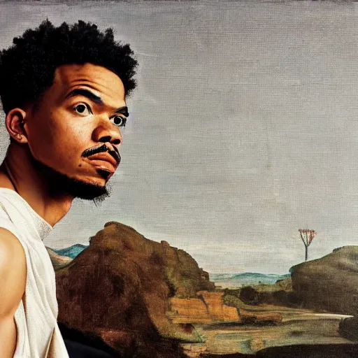 Image similar to a portrait painting of Chance The Rapper as a Poetic Philosopher in the style of Caravaggio, 1599, realistic, detailed