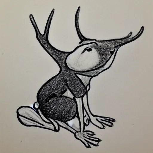 Image similar to drawing from 1 9 2 0's disney animation, white paper, black & white, frog rabbit on a table, antler