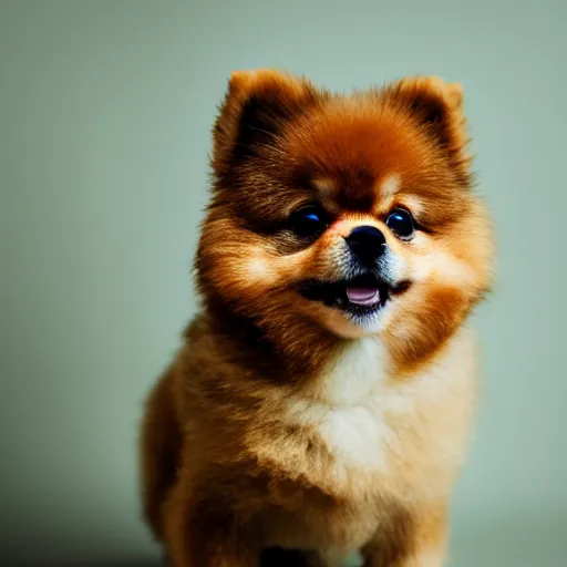 Image similar to portrait photo of a small happy chunky fluffy pomeranian puppy looking into the camera, indoors, f 1. 4, golden ratio, overcast day