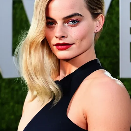 Image similar to a woman who is a genetic combination of margot robbie and emma watson face and upper - body focus