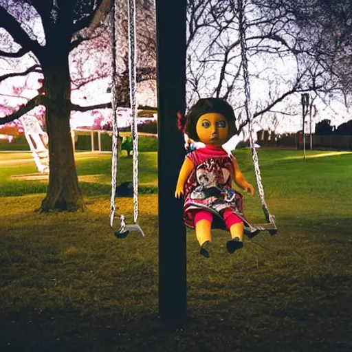 Image similar to a scary doll on a swing at a park, nighttime, real photo, realistic, hyper - realism, maximalist, horror movie, caution tape, illuminated by street lights, knife