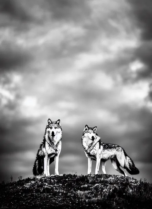 Image similar to two wolves black and white portrait white sky in background