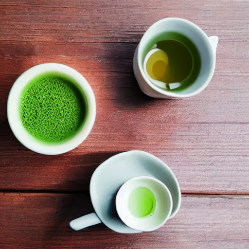 Image similar to impressonism nostalgic photograph of a teapot on a wooden table next to a cup of matcha tea, portra 800