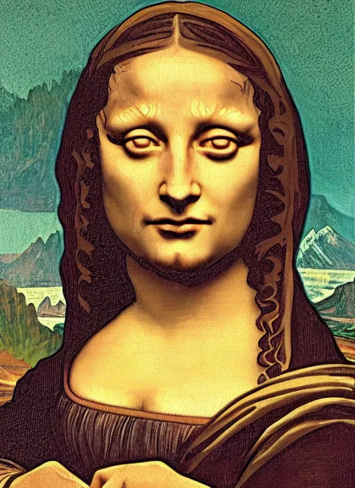 Image similar to Sam Hyde as the Mona Lisa, sigma and gigachad, rule of thirds, accurately portrayed, portrait art by Leonardo da Vinci and Alphonse mucha, highly detailed, digital painting, concept art, illustration, giant mountains paradise shining rgb luxurious lights, trending on artstation, very detailed, smooth, sharp focus, octane render, close up