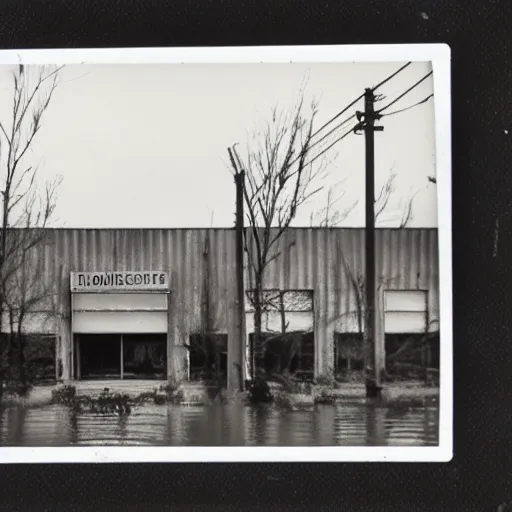 Prompt: flooded abandoned overgrown supermarket, highly detailed, ominous, dusk, overcast, photorealistic, polaroid