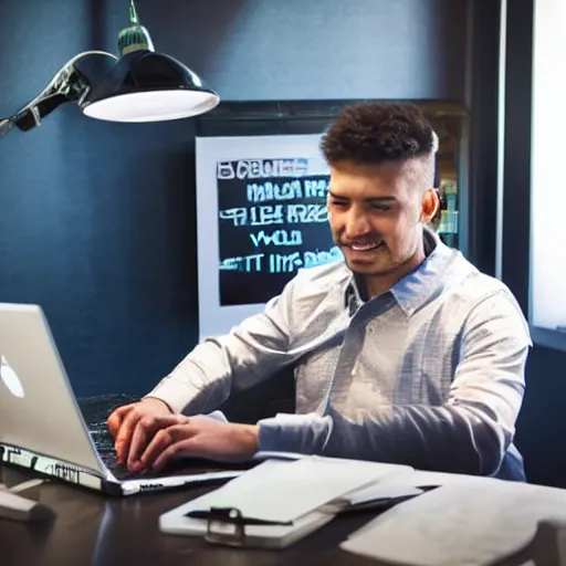 Prompt: man working very hard in an office, not just making dreams on his computer