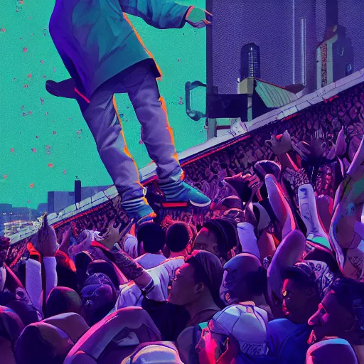 Image similar to rapper leaning over huge crowd reaching up to him, digital art, vapor wave, hip hop, trending on Artstation, professional artist, detailed, 4k