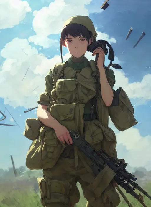 Image similar to portrait of cute soldier girl, cloudy sky background lush landscape illustration concept art anime key visual trending pixiv fanbox by wlop and greg rutkowski and makoto shinkai and studio ghibli and kyoto animation soldier clothing military gear realistic anatomy mechanized modern warfare