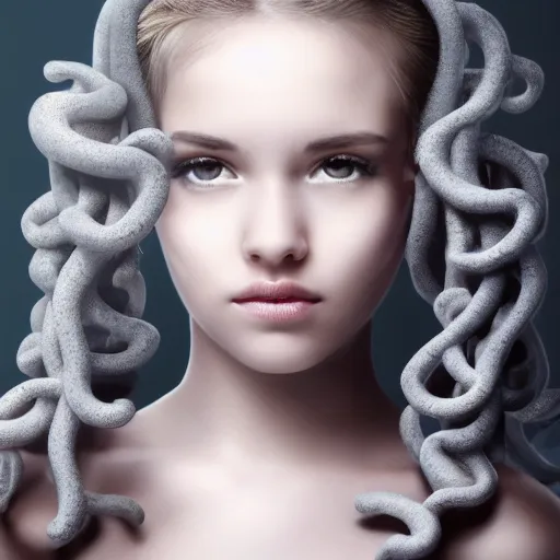 Image similar to A girl with a gray octopus for hair, very young and beautiful face, silver eyes, HD, hyper realistic