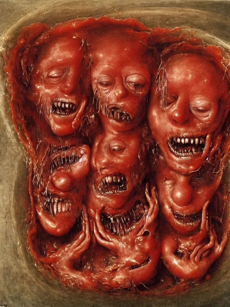 Image similar to siamese twins made of hair and meat sitting in a tub full of tomato sauce, looking straight into camera, screaming in desperation, by giuseppe arcimboldo and ambrosius benson, renaissance, intricate and intense oil paint, a touch of joseph cornell, beksinski and hr giger and edward munch, realistic