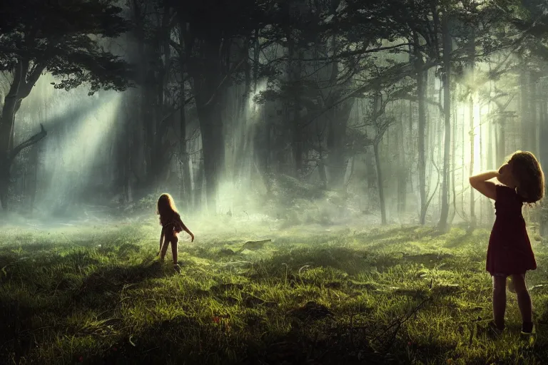 Image similar to the great beyond, sci - fi scene future new york, little girl holding a hand of a big robot, forest punk, crepuscular rays, epic scene, hyper realistic, photo realistic, overgrowth, cinematic atmosphere, ethereal lighting