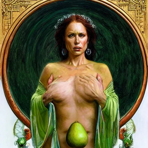 Image similar to the goddess of avocados, by donato giancola.