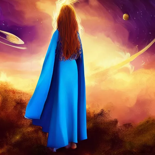 Image similar to high definition illustration of young mage woman with long blue cape, fire in outstretched hand, flowing brown hair, enjoying the view of a horizon of close planets in the sky, dense jungle, high definition, extremely detailed, hyper realism