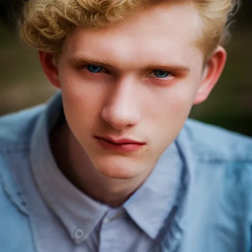 Image similar to close up of 1 8 year old man with wavy / curly light blonde hair, blue eyes, pale complexion, wearing 1 9 5 0 s clothing, 8 5 mm f / 1. 4