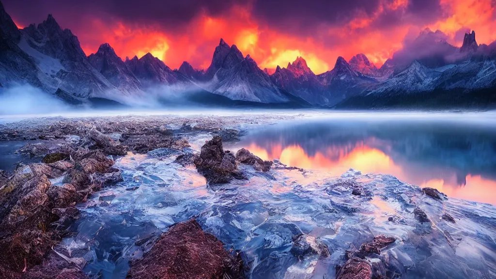 Image similar to amazing landscape photo of mountains with lake in sunset by marc adamus, beautiful dramatic lighting