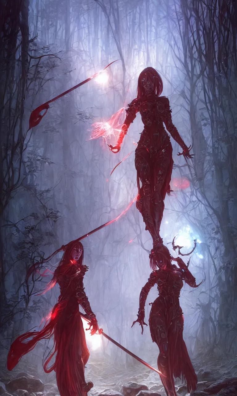 Prompt: full figure, female techno necromancer, pale skin, red cloath, holding a sword wrapped in blue sparkling magic, walking towards the camera, camera pulled back far, detailed illustration, intricate details, surrounded by werewolves, 8 k post processing, scary atmospheric lighting, hyper realistic art by artgerm and greg rutkowski and alphonse mucha and lee bermejo