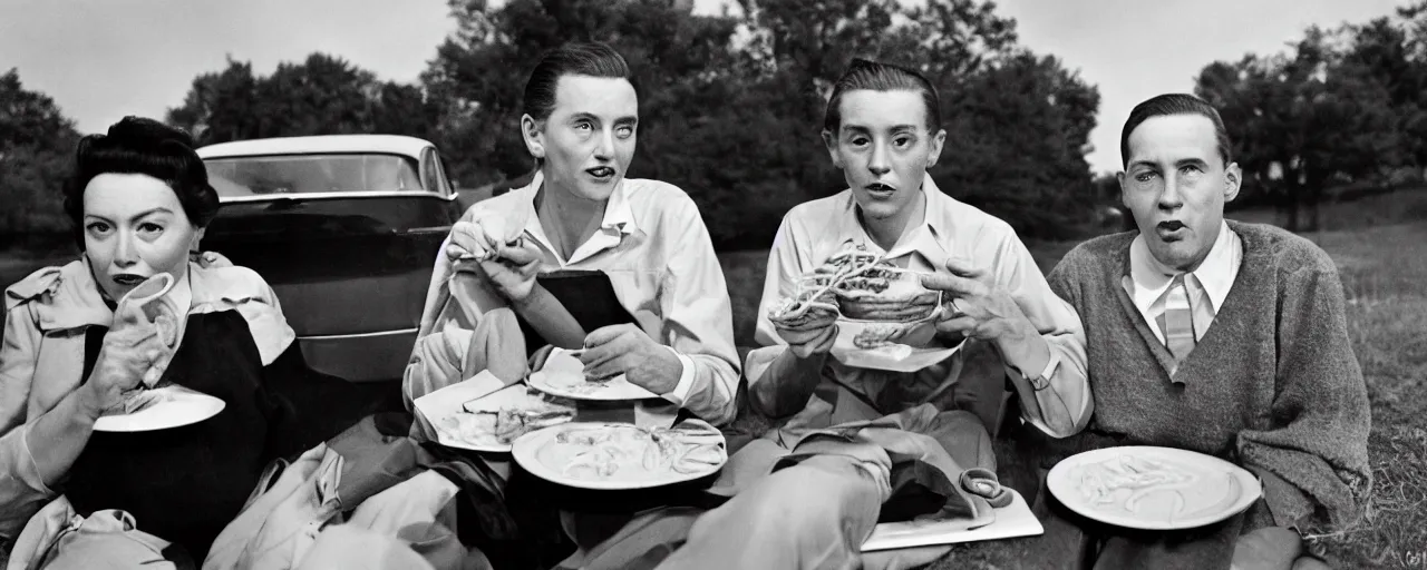 Image similar to 1 9 5 0 s couple eating spaghetti at a drive in movie, in the style of sugimoto, dian arbus,, kodachrome,