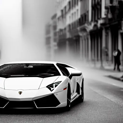 Image similar to black and white press photograph of a man in a suit pushing a lamborghini that is out of gas on a busy city street, sideview, detailed, natural light, mist, film grain, soft vignette, sigma 5 0 mm f / 1. 4 1 / 1 0 sec shutter, imax 7 0 mm footage