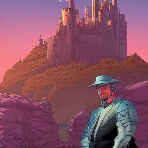 Prompt: a portrait of a noble lord with experienced eyes in a scenic environment by josan gonzalez and moebius, castle in the background,