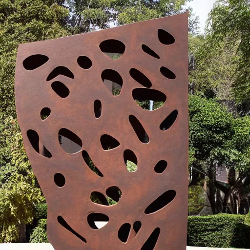 Image similar to a photorealistic abstract design of an sculpture built on corten steel in style of eduardo chillida, jorge oteiza, agustin ibarrola