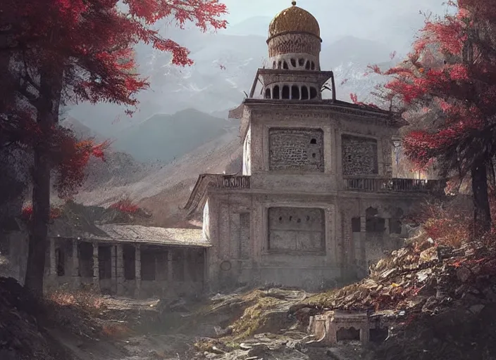 Prompt: Abandoned Hazratbal mosque in mountains of Kashmir, a fantasy digital painting by Greg Rutkowski and James Gurney, trending on Artstation, highly detailed