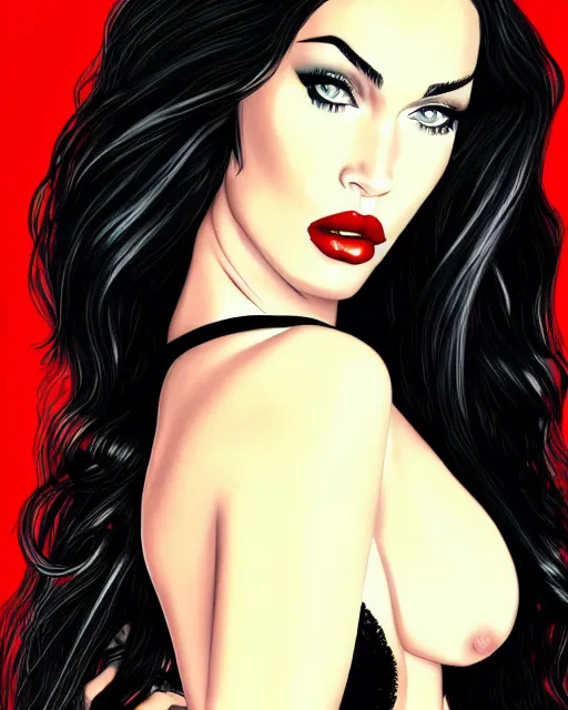 Image similar to closeup portrait beautiful seductive megan fox with long windblown hair in a black party dress, red lipstick, glamour pose, detailed illustration, digital art, trending on artstation, arney freytag, frank miller, moebius, graffiti, gta 5,