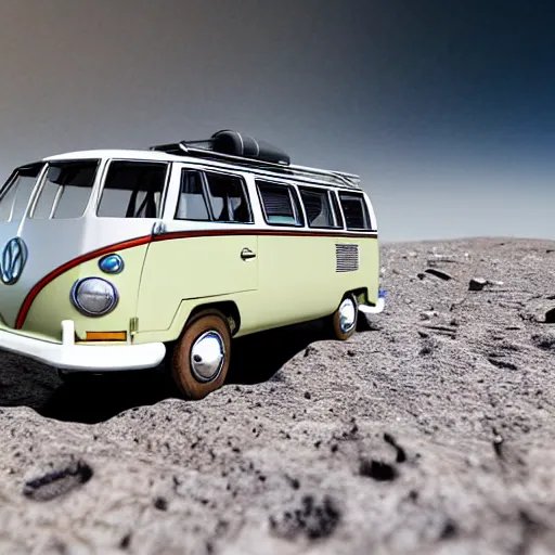 Image similar to realistic sci - fi high detailed photo of vw bus in moon crater