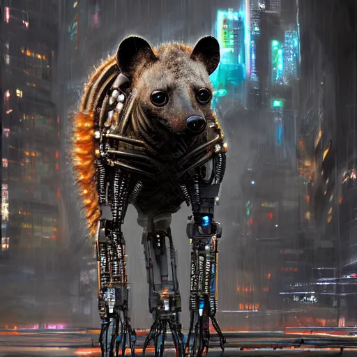 Image similar to robotic cyberpunk hyena, many wires and metal exposed, realistic photo, bladerunner