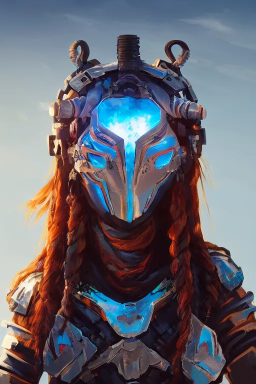 Image similar to combination suit armor aloy horizon forbidden west horizon zero dawn radiating a glowing aura global illumination ray tracing hdr fanart arstation by ian pesty and alena aenami artworks in 4 k tribal robot ninja mask helmet backpack