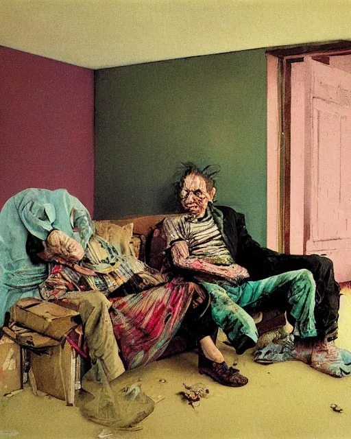 Image similar to old dead couple on couch in a decayed and ruined apartment room in the style of Francis Bacon and Syd Mead and Norman Rockwell and Beksinski, open ceiling, highly detailed, painted by Francis Bacon and Edward Hopper, painted by James Gilleard, surrealism, airbrush, very coherent, triadic color scheme, art by Takato Yamamoto and James Jean