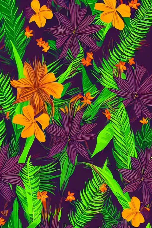 Prompt: dark moody vector illustration of tropical flowers and green reeds, multiple cohesive colors ranging from warms purples to bright oranges on a ((very dark background)), 4K resolution, trending on artstation, hd wallpaper