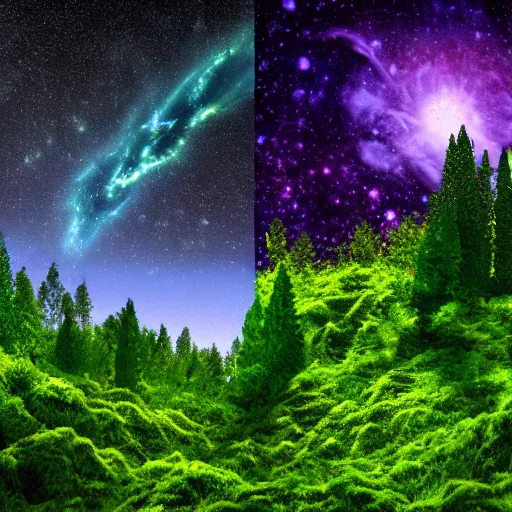 Image similar to A photo realistic green forrest with blue skies, a portal with a nebula is showing at the back