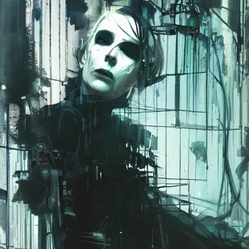 Image similar to a cyberpunk gothic noir detective, skulls, wires cybernetic implants, machine noir grimcore in cyberspace photoreal, atmospheric by jeremy mann francis bacon and agnes cecile, ink drips paint smears digital glitches