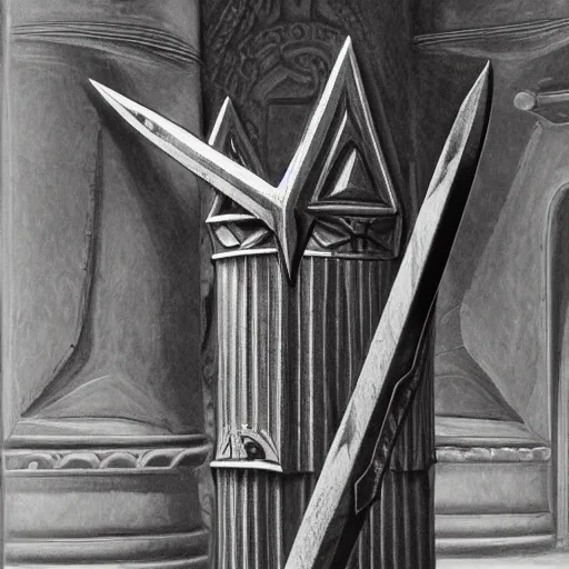 Image similar to Gungnir, the spear of Odin, laying on the pedestal in the armory of the gods, hyper-realistic