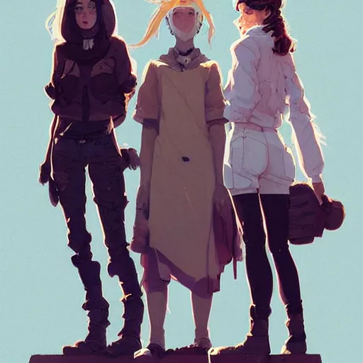 Image similar to portrait of stoic heroic blonde tomboy butch woman engineer and tall brunette goth feminine woman standing back to back by atey ghailan, by greg rutkowski, by greg tocchini, by james gilleard, by joe fenton, by kaethe butcher, dynamic lighting, gradient light blue, brown, blonde cream and white color scheme, grunge aesthetic