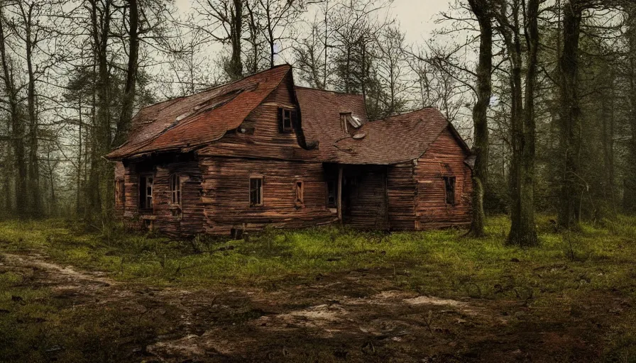 Prompt: abandoned wooden 1 9 0 0's house in german forest, rainy evening, muddy ground, hyperdetailed, artstation, cgsociety, 8 k