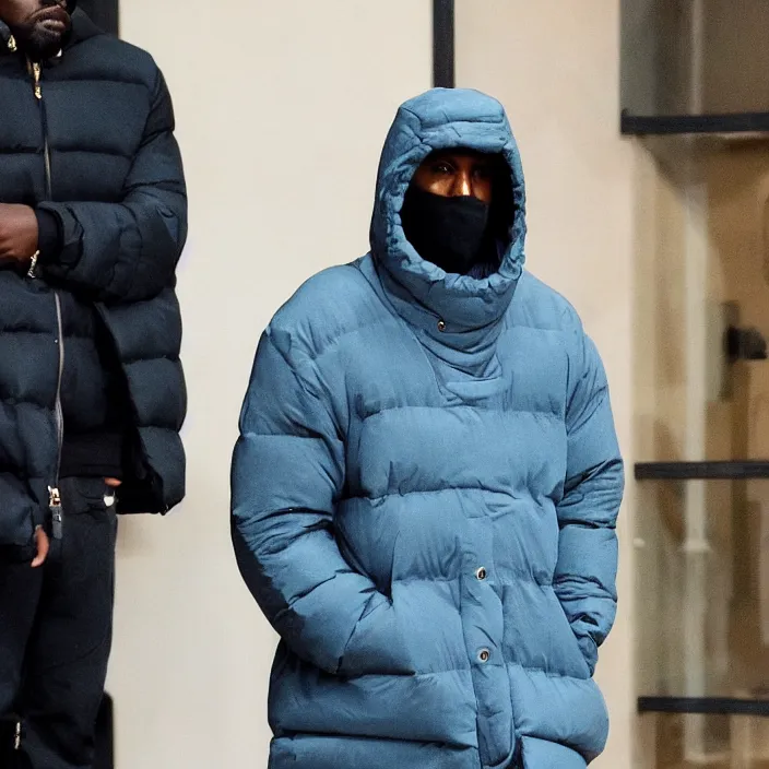 Prompt: kanye west using a full face covering black mask, a undersized light blue round puffer jacket made of nylon and big black rubber boots,