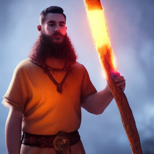 Prompt: Olly Alexnader wearing a viking tunic holding a glowing fire magical staff. Trending on Artstation, octane render, ultra detailed, art by Ross tran