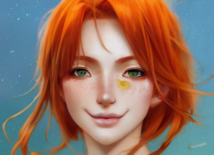 Image similar to portrait Anime beautiful smiling Girl with orange hair and freckles, green eyes fine face pretty face, realistic shaded Perfect face, fine details. Anime. by katsuhiro otomo magali villeneuve, artgerm, rutkowski Jeremy Lipkin and Giuseppe Dangelico Pino and Michael Garmash and Rob Rey