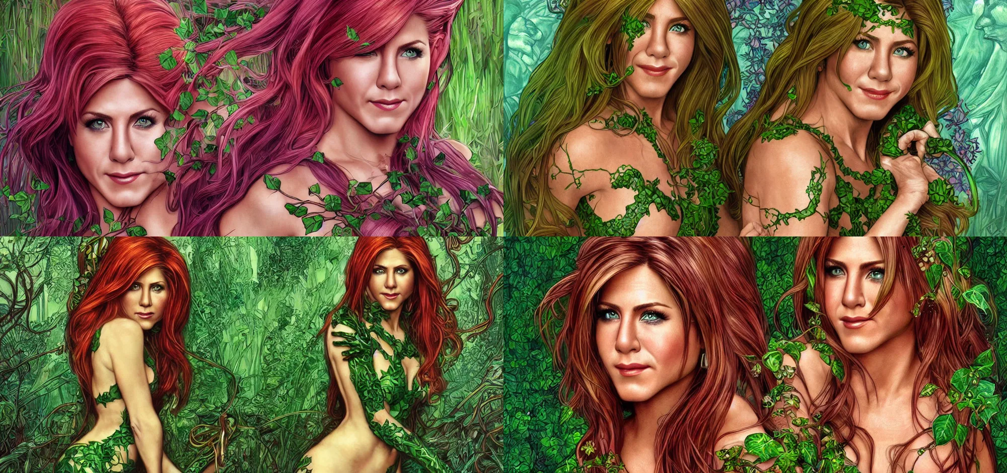 Prompt: Jennifer Aniston as Poison Ivy, cute, fantasy, intricate, elegant, highly detailed, digital painting, 4k, HDR, concept art, smooth, sharp focus, illustration, art by artgerm and H R Giger and alphonse mucha