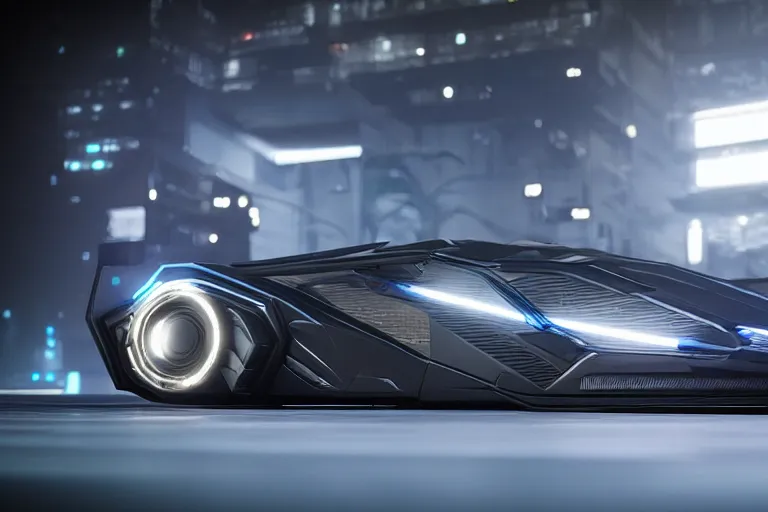 Image similar to cyberpunk batmobile concept inspired sports car, futuristic look, highly detailed body, very expensive, photorealistic camera shot, bright studio setting, studio lighting, crisp quality and light reflections, unreal engine 5 quality render